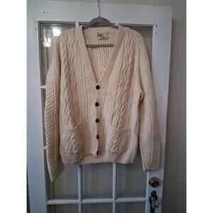 An Irish Traditional Cardigan Sweater Hand Knit Chunky Wool Ivory See Pics G1